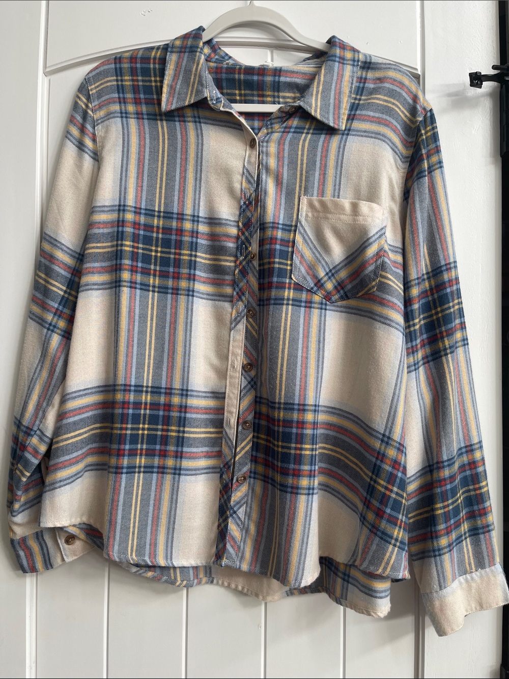 Maurices Cream Plaid Button-Down Shirt with Blue and Tan Stripes